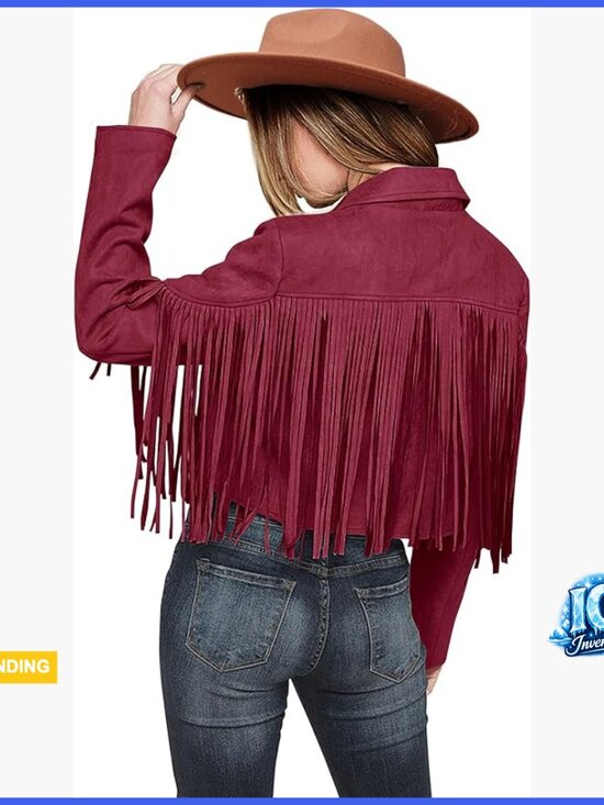 Jackets & Blazers - Faux Suede Fringe Motorcycle Cropped Jacket with Tassel Design